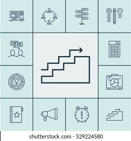 Set Of 12 Project Management Icons. Can Be Used For Web, Mobile, UI And Infographic Design. Includes Elements Such As Growth, Announcement, Collaboration And More.