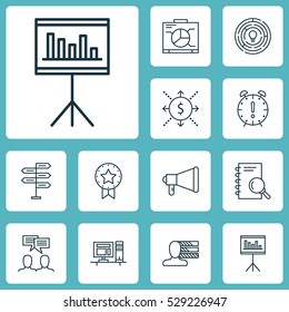 Set Of 12 Project Management Icons. Can Be Used For Web, Mobile, UI And Infographic Design. Includes Elements Such As Present Badge, Money, Time Management And More.