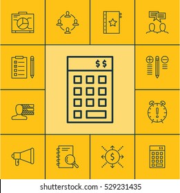 Set Of 12 Project Management Icons. Can Be Used For Web, Mobile, UI And Infographic Design. Includes Elements Such As Discussion, Announcement, Personal Skills And More.