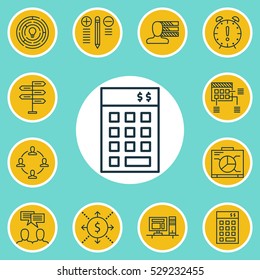 Set Of 12 Project Management Icons. Can Be Used For Web, Mobile, UI And Infographic Design. Includes Elements Such As Board, Personal Skills, Computer And More.