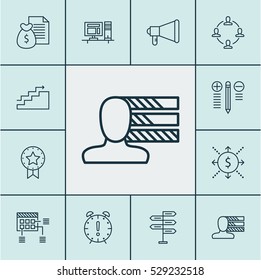 Set Of 12 Project Management Icons. Can Be Used For Web, Mobile, UI And Infographic Design. Includes Elements Such As Decision Making, Announcement, Schedule And More.
