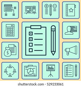 Set Of 12 Project Management Icons. Can Be Used For Web, Mobile, UI And Infographic Design. Includes Elements Such As Collaboration, Reminder, Personal Skills And More.