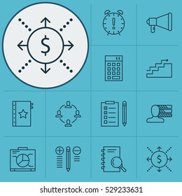 Set Of 12 Project Management Icons. Can Be Used For Web, Mobile, UI And Infographic Design. Includes Elements Such As Analysis, Collaboration, Investment And More.