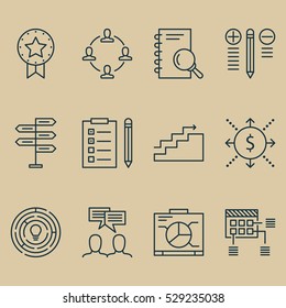 Set Of 12 Project Management Icons. Can Be Used For Web, Mobile, UI And Infographic Design. Includes Elements Such As Schedule, Collaboration, Present Badge And More.