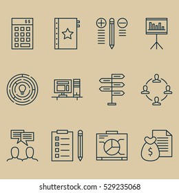 Set Of 12 Project Management Icons. Can Be Used For Web, Mobile, UI And Infographic Design. Includes Elements Such As Discussion, Decision Making, Reminder And More.