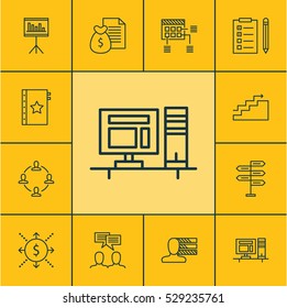 Set Of 12 Project Management Icons. Can Be Used For Web, Mobile, UI And Infographic Design. Includes Elements Such As Report, Computer, Opportunity And More.