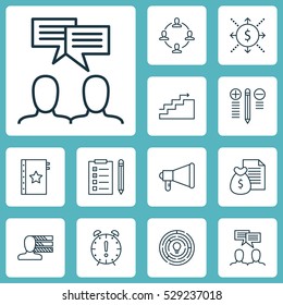Set Of 12 Project Management Icons. Can Be Used For Web, Mobile, UI And Infographic Design. Includes Elements Such As Discussion, Innovation, Reminder And More.