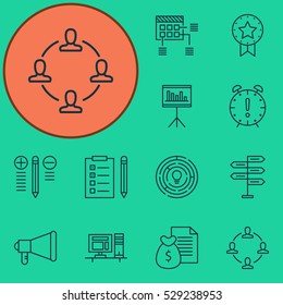 Set Of 12 Project Management Icons. Can Be Used For Web, Mobile, UI And Infographic Design. Includes Elements Such As Present Badge, Report, Presentation And More.