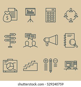 Set Of 12 Project Management Icons. Can Be Used For Web, Mobile, UI And Infographic Design. Includes Elements Such As Presentation, Opportunity, Board And More.