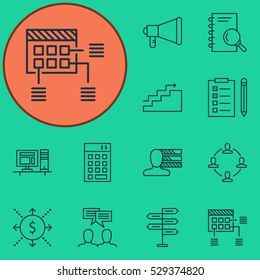 Set Of 12 Project Management Icons. Can Be Used For Web, Mobile, UI And Infographic Design. Includes Elements Such As Schedule, Collaboration, Growth And More.