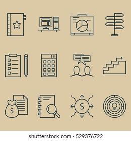 Set Of 12 Project Management Icons. Can Be Used For Web, Mobile, UI And Infographic Design. Includes Elements Such As Money, Warranty, Report And More.