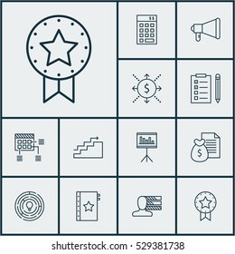 Set Of 12 Project Management Icons. Can Be Used For Web, Mobile, UI And Infographic Design. Includes Elements Such As Schedule, Investment, Present Badge And More.