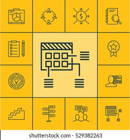 Set Of 12 Project Management Icons. Can Be Used For Web, Mobile, UI And Infographic Design. Includes Elements Such As Growth, Board, Money And More.