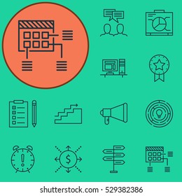 Set Of 12 Project Management Icons. Can Be Used For Web, Mobile, UI And Infographic Design. Includes Elements Such As Opportunity, Announcement, Growth And More.