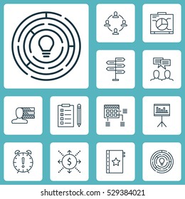 Set Of 12 Project Management Icons. Can Be Used For Web, Mobile, UI And Infographic Design. Includes Elements Such As Board, Discussion, Presentation And More.