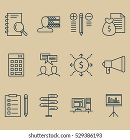 Set Of 12 Project Management Icons. Can Be Used For Web, Mobile, UI And Infographic Design. Includes Elements Such As Analysis, Investment, Computer And More.