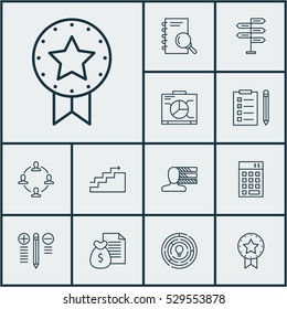 Set Of 12 Project Management Icons. Can Be Used For Web, Mobile, UI And Infographic Design. Includes Elements Such As Analysis, Present Badge, Collaboration And More.