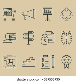 Set Of 12 Project Management Icons. Can Be Used For Web, Mobile, UI And Infographic Design. Includes Elements Such As Growth, Time Management, Reminder And More.