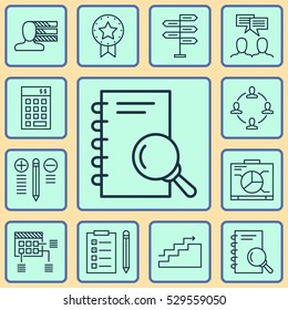 Set Of 12 Project Management Icons. Can Be Used For Web, Mobile, UI And Infographic Design. Includes Elements Such As Present Badge, Discussion, Personal Skills And More.
