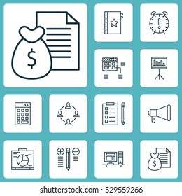 Set Of 12 Project Management Icons. Can Be Used For Web, Mobile, UI And Infographic Design. Includes Elements Such As Report, Decision Making, Time Management And More.