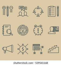 Set Of 12 Project Management Icons. Can Be Used For Web, Mobile, UI And Infographic Design. Includes Elements Such As Growth, Decision Making, Collaboration And More.