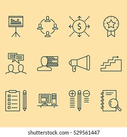 Set Of 12 Project Management Icons. Can Be Used For Web, Mobile, UI And Infographic Design. Includes Elements Such As Reminder, Money, Collaboration And More.