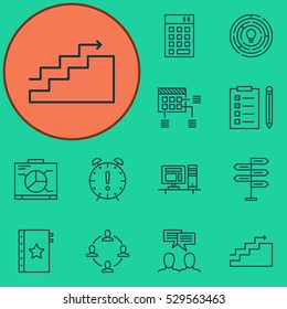 Set Of 12 Project Management Icons. Can Be Used For Web, Mobile, UI And Infographic Design. Includes Elements Such As Discussion, Collaboration, Innovation And More.