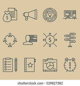 Set Of 12 Project Management Icons. Can Be Used For Web, Mobile, UI And Infographic Design. Includes Elements Such As Collaboration, Board, Announcement And More.