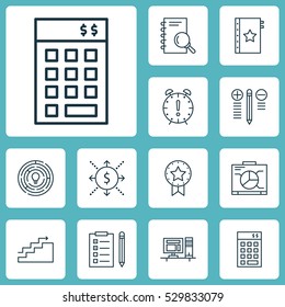 Set Of 12 Project Management Icons. Can Be Used For Web, Mobile, UI And Infographic Design. Includes Elements Such As Analysis, Computer, Present Badge And More.