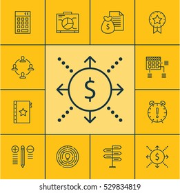 Set Of 12 Project Management Icons. Can Be Used For Web, Mobile, UI And Infographic Design. Includes Elements Such As Time Management, Investment, Money And More.