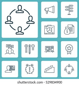 Set Of 12 Project Management Icons. Can Be Used For Web, Mobile, UI And Infographic Design. Includes Elements Such As Time Management, Report, Present Badge And More.