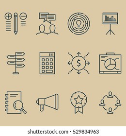 Set Of 12 Project Management Icons. Can Be Used For Web, Mobile, UI And Infographic Design. Includes Elements Such As Present Badge, Investment, Announcement And More.