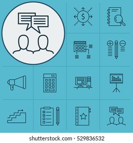 Set Of 12 Project Management Icons. Can Be Used For Web, Mobile, UI And Infographic Design. Includes Elements Such As Decision Making, Money, Discussion And More.
