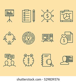 Set Of 12 Project Management Icons. Can Be Used For Web, Mobile, UI And Infographic Design. Includes Elements Such As Computer, Presentation, Money And More.