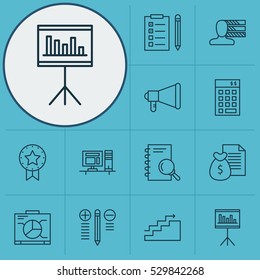 Set Of 12 Project Management Icons. Can Be Used For Web, Mobile, UI And Infographic Design. Includes Elements Such As Computer, Report, Growth And More.