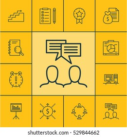 Set Of 12 Project Management Icons. Can Be Used For Web, Mobile, UI And Infographic Design. Includes Elements Such As Discussion, Collaboration, Computer And More.