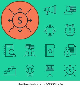Set Of 12 Project Management Icons. Can Be Used For Web, Mobile, UI And Infographic Design. Includes Elements Such As Presentation, Warranty, Time Management And More.