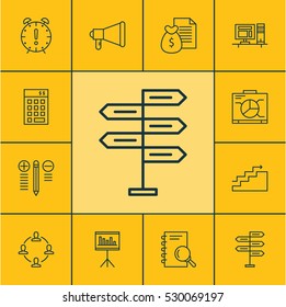 Set Of 12 Project Management Icons. Can Be Used For Web, Mobile, UI And Infographic Design. Includes Elements Such As Collaboration, Opportunity, Board And More.