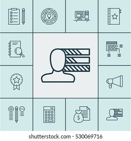 Set Of 12 Project Management Icons. Can Be Used For Web, Mobile, UI And Infographic Design. Includes Elements Such As Present Badge, Personal Skills, Decision Making And More.