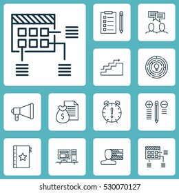 Set Of 12 Project Management Icons. Can Be Used For Web, Mobile, UI And Infographic Design. Includes Elements Such As Time Management, Schedule, Growth And More.