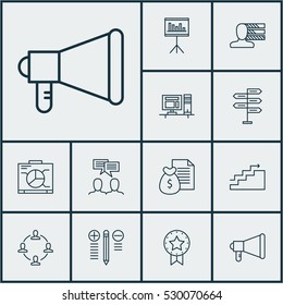Set Of 12 Project Management Icons. Can Be Used For Web, Mobile, UI And Infographic Design. Includes Elements Such As Presentation, Report, Board And More.