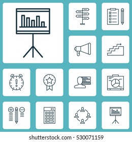 Set Of 12 Project Management Icons. Can Be Used For Web, Mobile, UI And Infographic Design. Includes Elements Such As Announcement, Presentation, Growth And More.