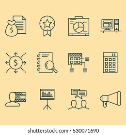 Set Of 12 Project Management Icons. Can Be Used For Web, Mobile, UI And Infographic Design. Includes Elements Such As Board, Personal Skills, Investment And More.