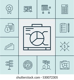 Set Of 12 Project Management Icons. Can Be Used For Web, Mobile, UI And Infographic Design. Includes Elements Such As Computer, Discussion, Growth And More.