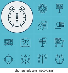 Set Of 12 Project Management Icons. Can Be Used For Web, Mobile, UI And Infographic Design. Includes Elements Such As Decision Making, Opportunity, Innovation And More.
