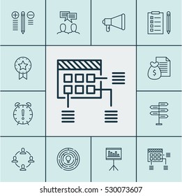 Set Of 12 Project Management Icons. Can Be Used For Web, Mobile, UI And Infographic Design. Includes Elements Such As Report, Announcement, Discussion And More.