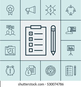 Set Of 12 Project Management Icons. Can Be Used For Web, Mobile, UI And Infographic Design. Includes Elements Such As Money, Personal Skills, Presentation And More.