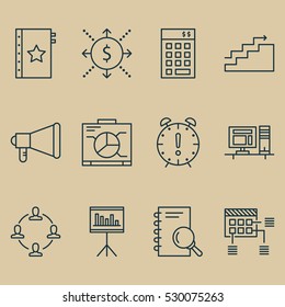 Set Of 12 Project Management Icons. Can Be Used For Web, Mobile, UI And Infographic Design. Includes Elements Such As Warranty, Presentation, Money And More.
