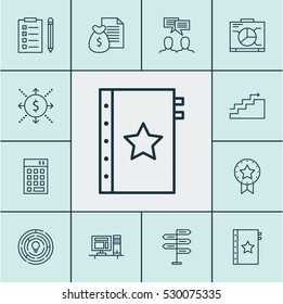 Set Of 12 Project Management Icons. Can Be Used For Web, Mobile, UI And Infographic Design. Includes Elements Such As Computer, Present Badge, Warranty And More.