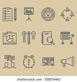 Set Of 12 Project Management Icons. Can Be Used For Web, Mobile, UI And Infographic Design. Includes Elements Such As Analysis, Schedule, Decision Making And More.